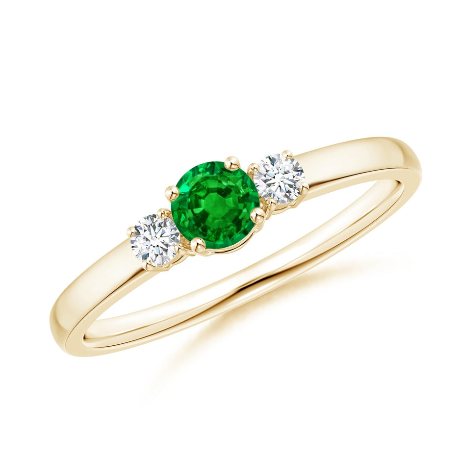 Classic Round Emerald and Diamond Three Stone Engagement Ring