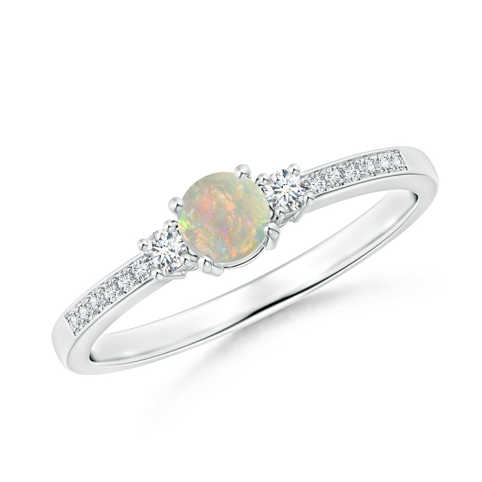 Classic Three Stone Round Opal and Diamond Engagement Ring