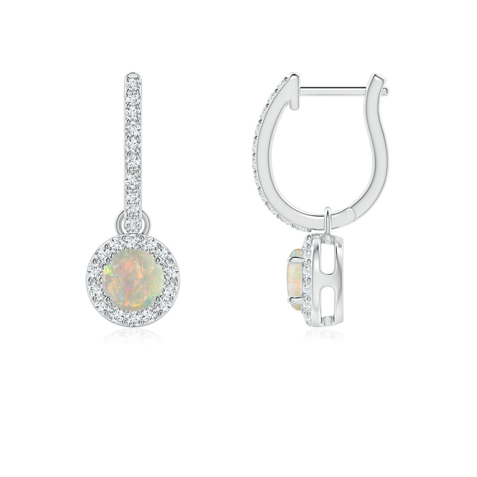 Round Opal Dangle Earrings with Diamond Halo