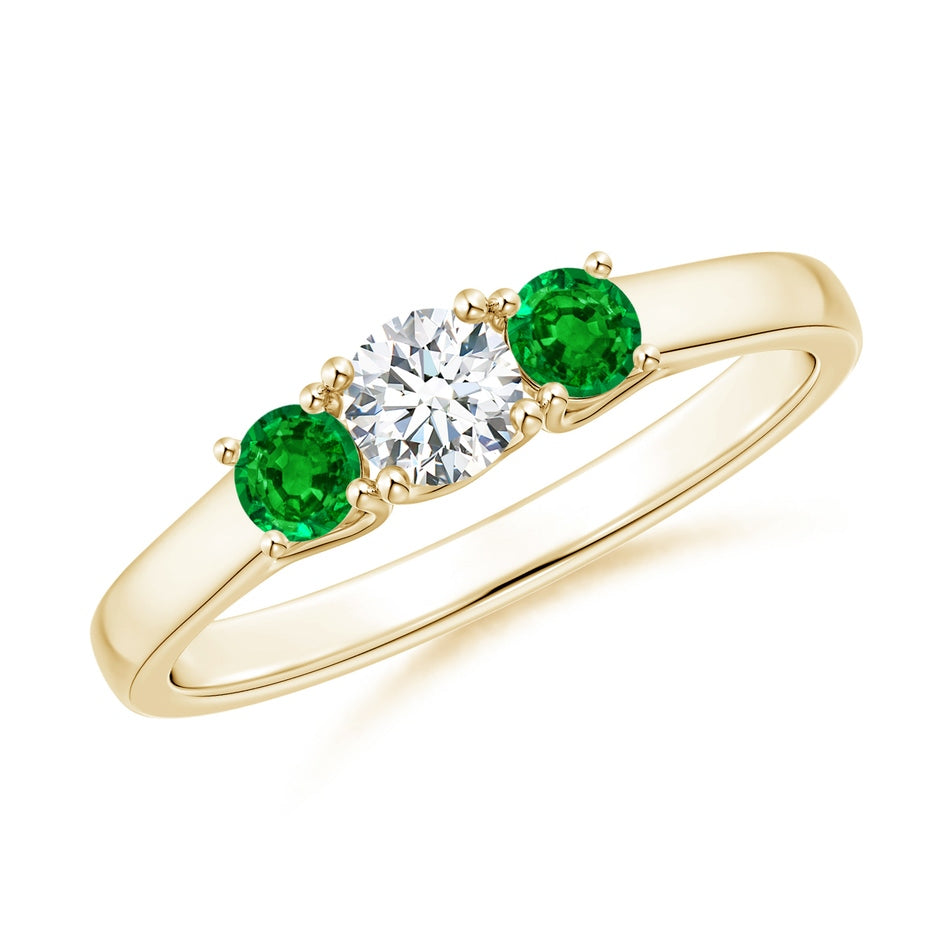 Classic Round Diamond and Emerald Three Stone Ring