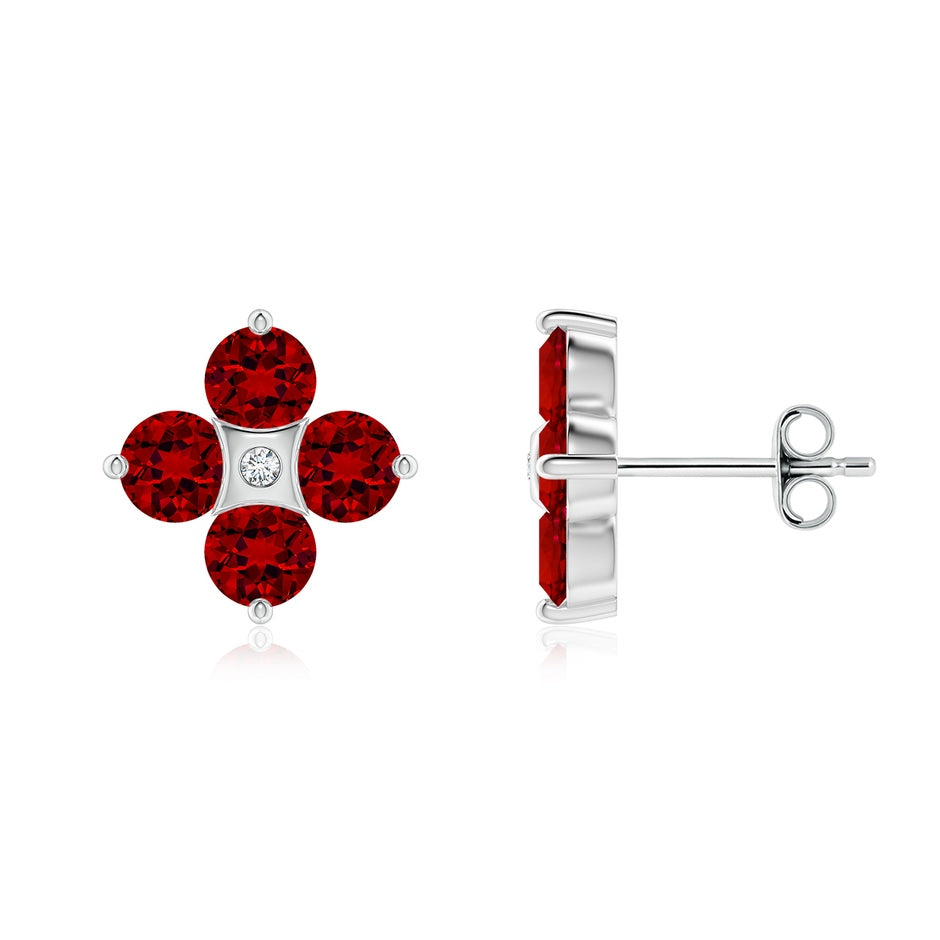 Nature Inspired Round Lab-Grown Ruby and Diamond Flower Stud Earrings