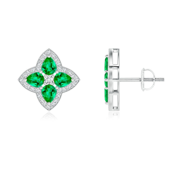 Pear-Shaped Emerald Clover Stud Earrings with Diamonds