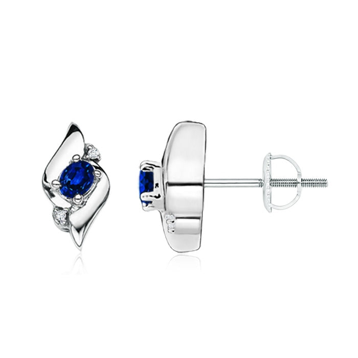Oval Blue Sapphire and Diamond Shell Stud Earrings