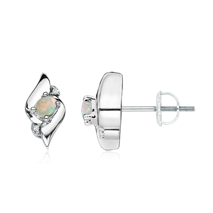 Oval Opal and Diamond Shell Stud Earrings