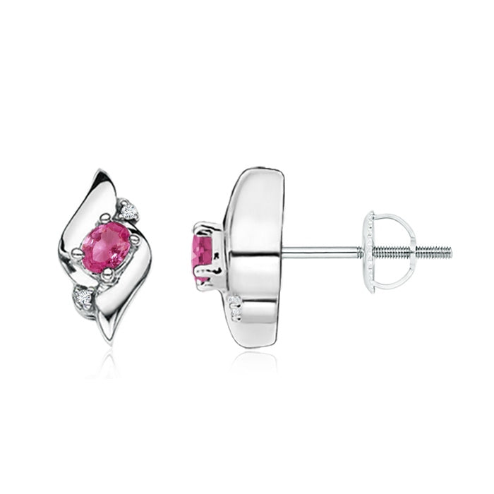 Oval Pink Sapphire and Diamond Shell Stud Earrings