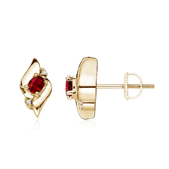 Oval Ruby and Diamond Shell Stud Earrings