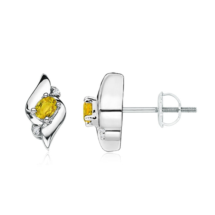 Oval Yellow Sapphire and Diamond Shell Stud Earrings