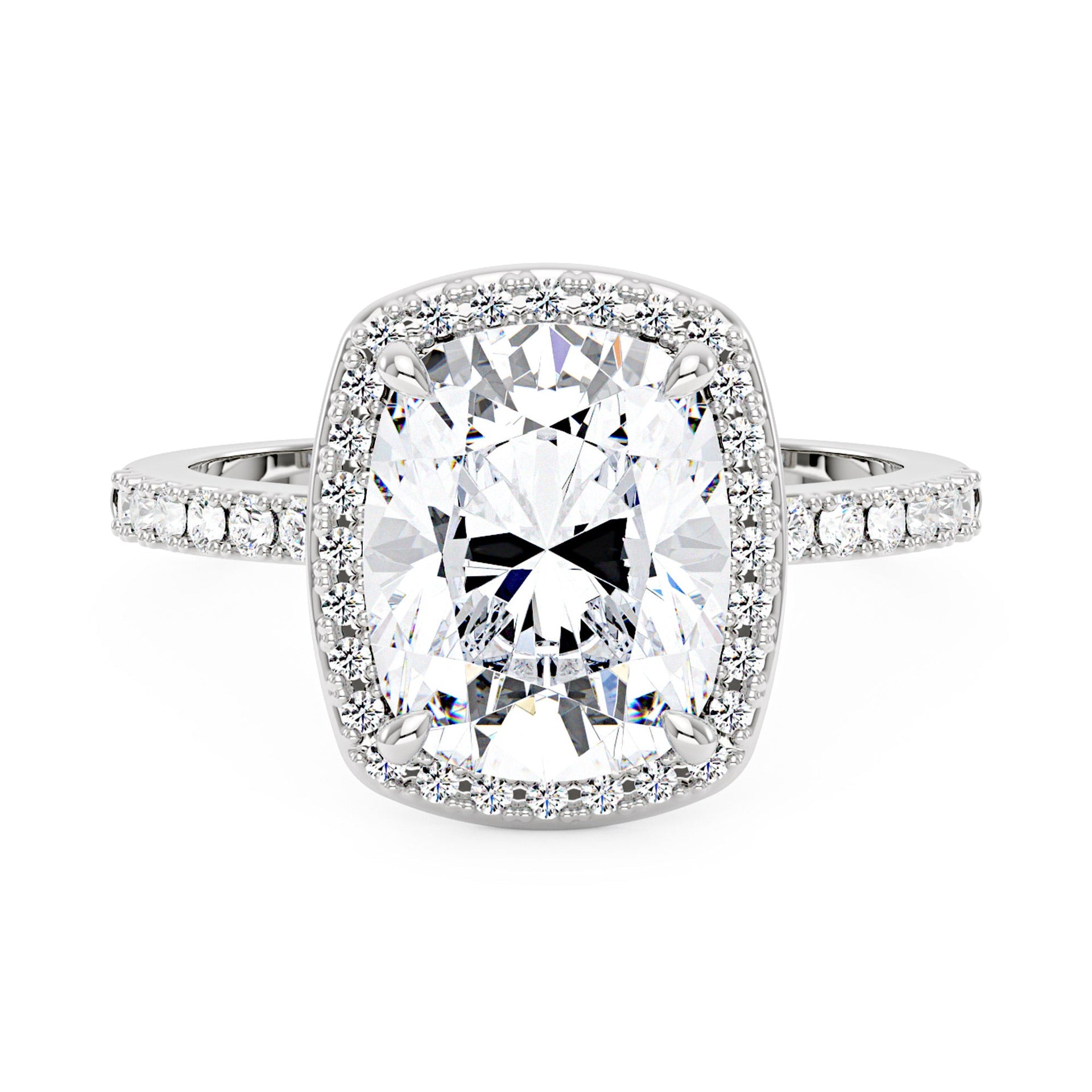 4 Carat Classic Cushion Halo Moissanite Ring with Pavé Band