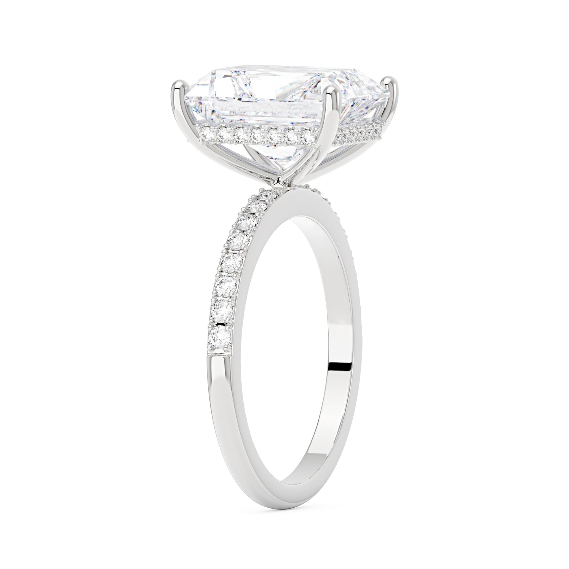 5 Carat Radiant Hidden Halo Moissanite Engagement Ring with Pavé Band