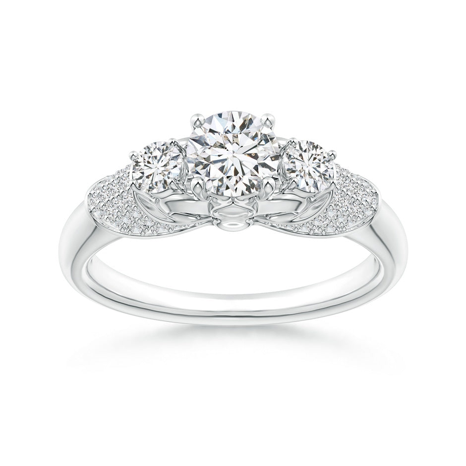 Three Stone Round Diamond Fleur De Lis Engagement Ring