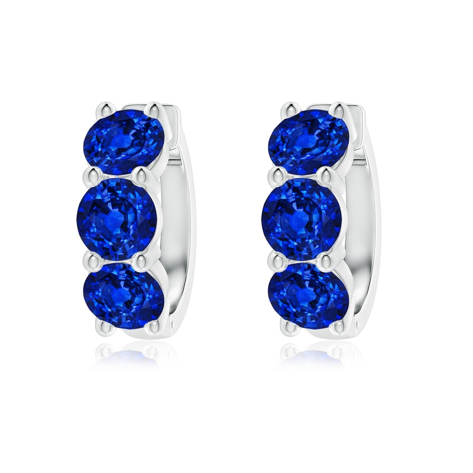 Round Lab-Grown Blue Sapphire Three Stone Hoop Earrings