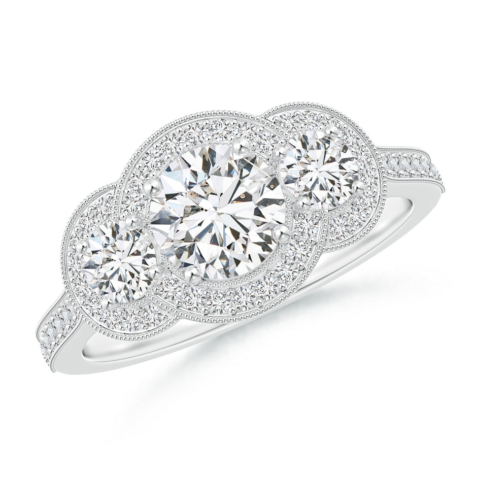 Aeon Vintage Inspired Diamond Halo Three Stone Engagement Ring with Milgrain