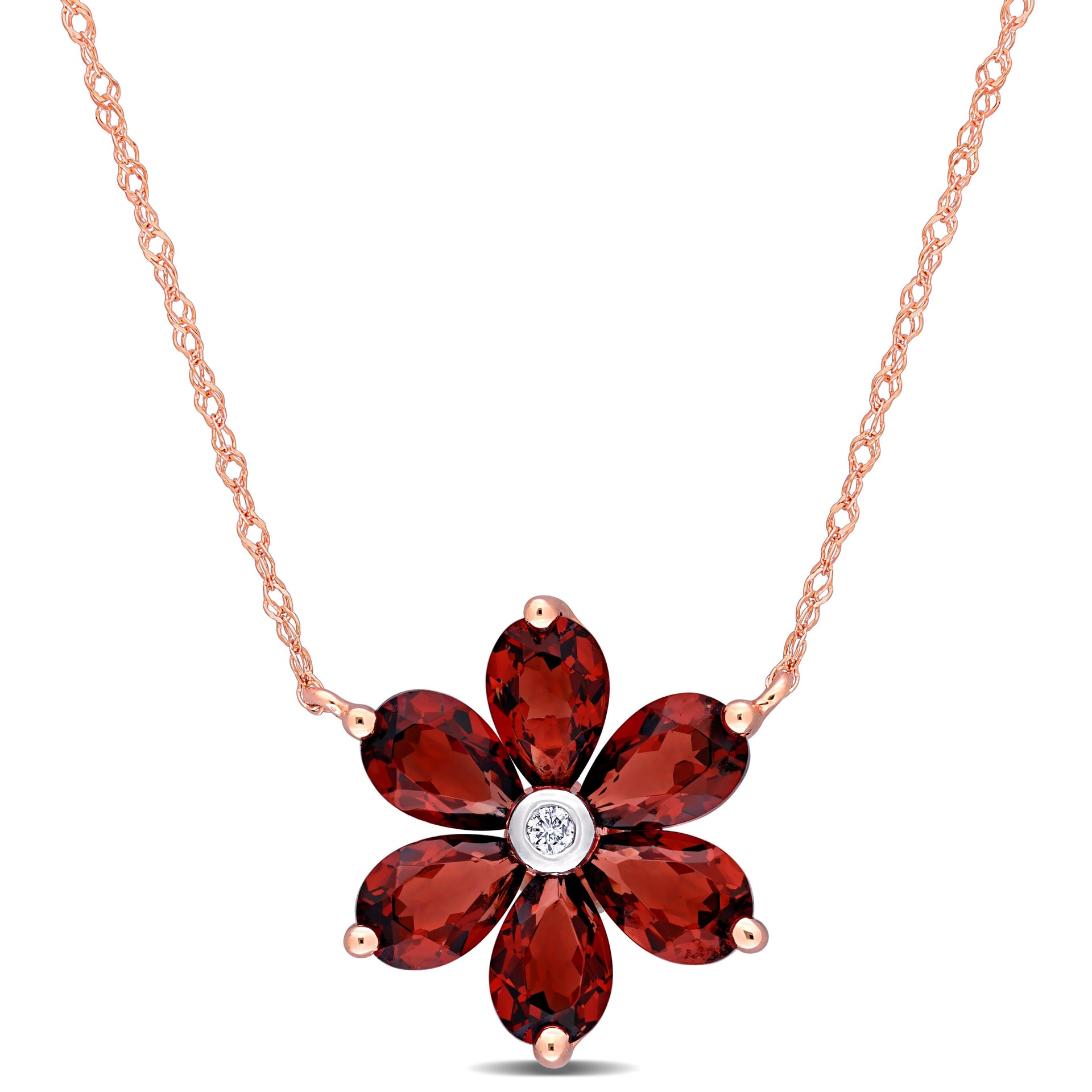 3 CT TGW Garnet and Diamond Accent Floral Pendant with Chain in 10k Rose Gold