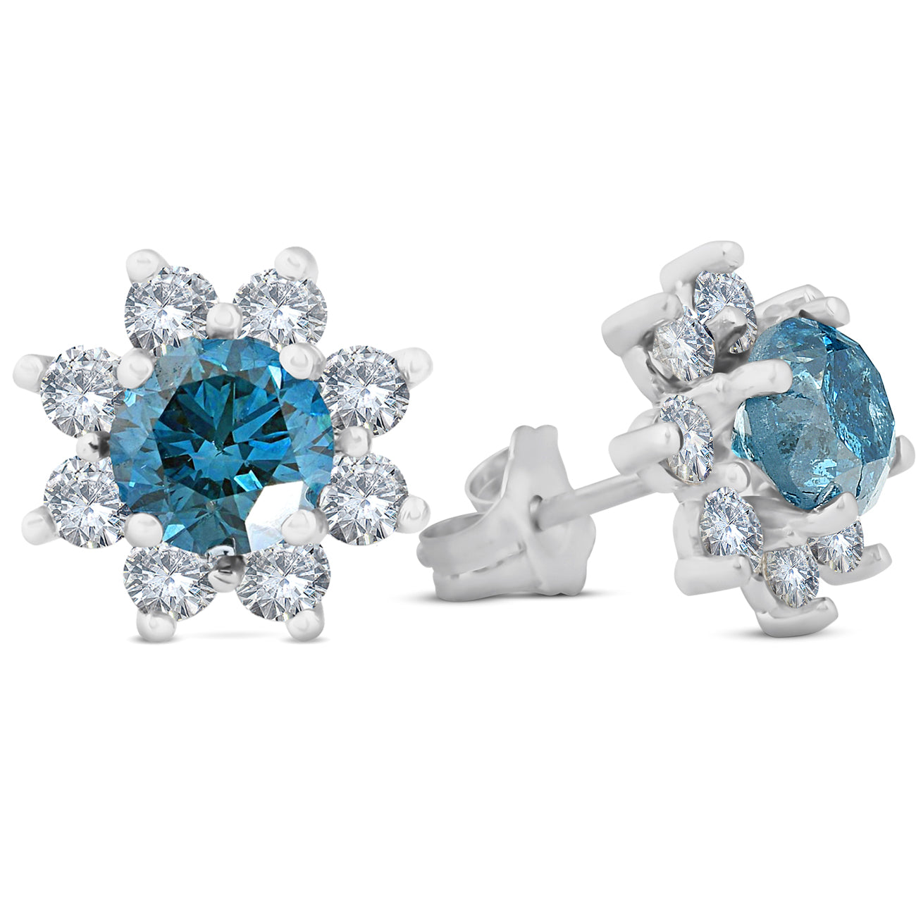 2 CT Treated Blue Diamond Halo Studs 14K White Gold