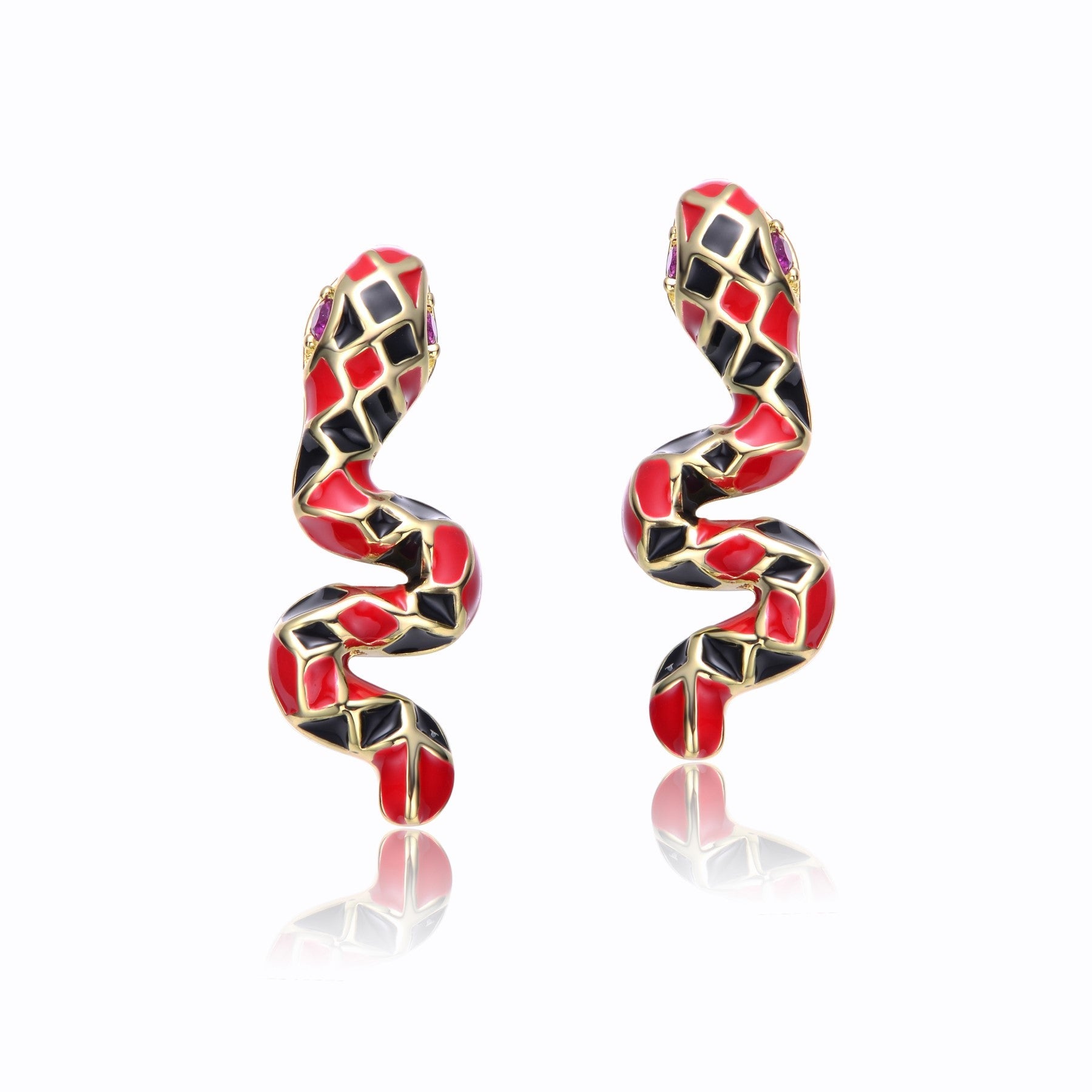 RG 14k Yellow Gold Plated with Ruby Cubic Zirconia Black & Red Enamel 3D Slithering Curling Snake Earrings