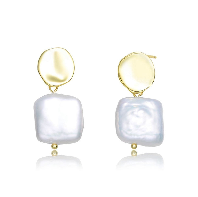 Very Stylish Sterling Silver with 14k Yellow Gold Plating and Genuine Freshwater Pearl Dangling Earrings