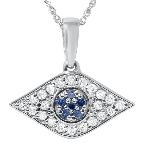 1/4ct Blue & White Diamond Evil Eye Pendant 14K White Gold W/ 18' Chain & Box