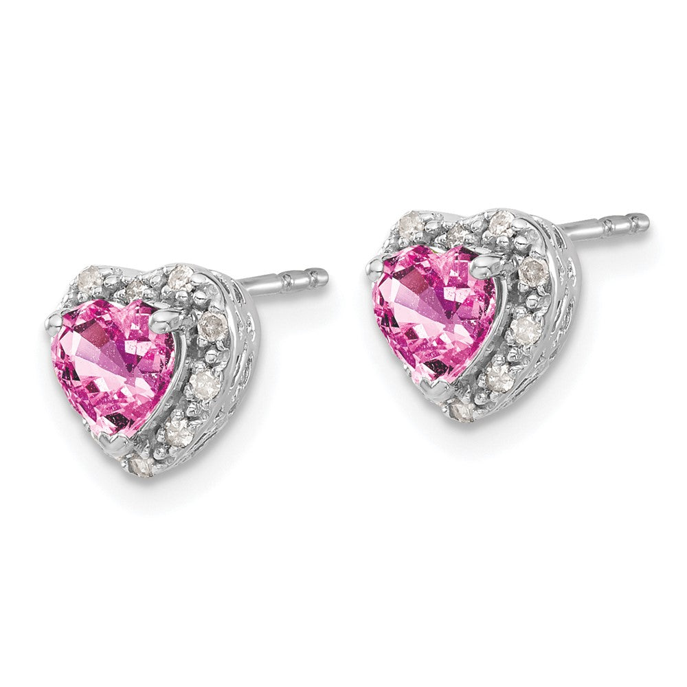 14k White Gold 1/10 CT Lab Grown Diamond And Heart Lab Created Pink Sapphire Stud Earrings