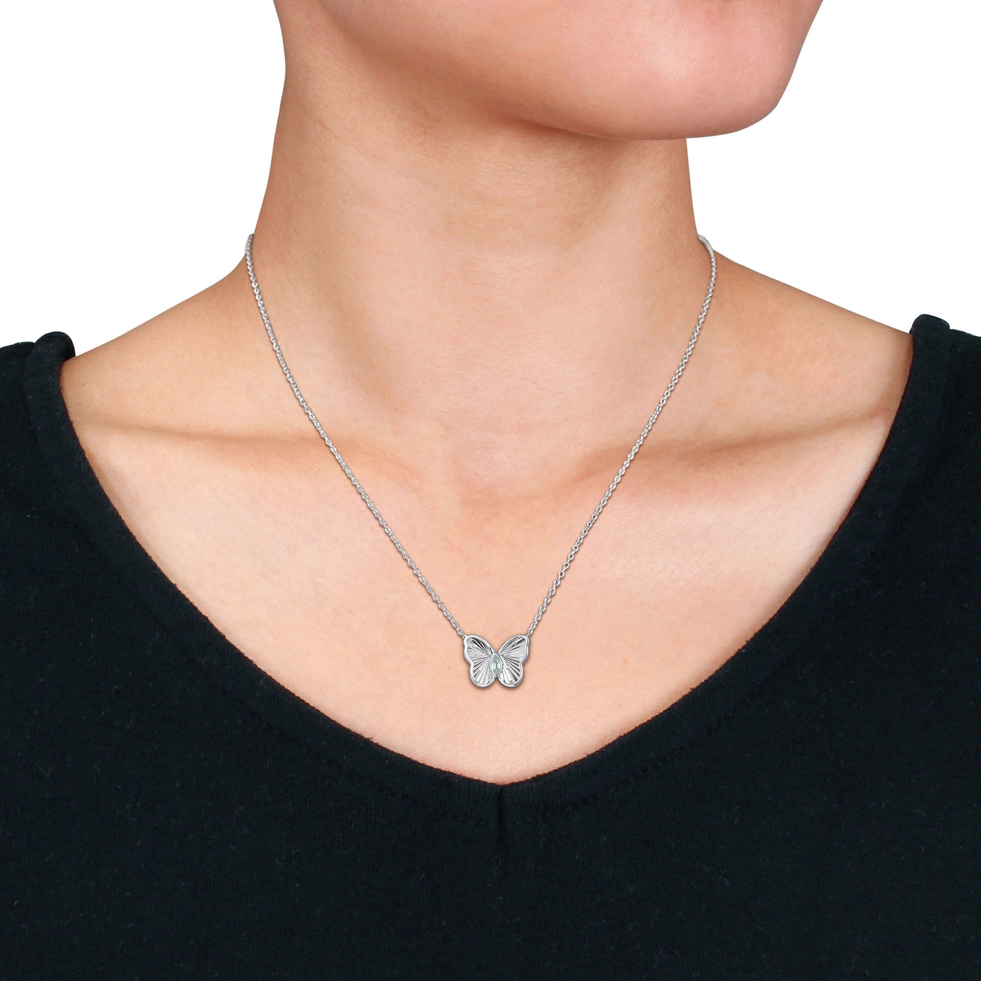 Mimi & Max 1/7ct TGW Marquise-Cut Aquamarine Butterfly Necklace in Sterling Silver-17 in