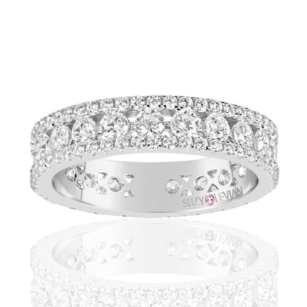 Suzy Levian Sterling Silver Cubic Zirconia White Three Row Modern Eternity Band