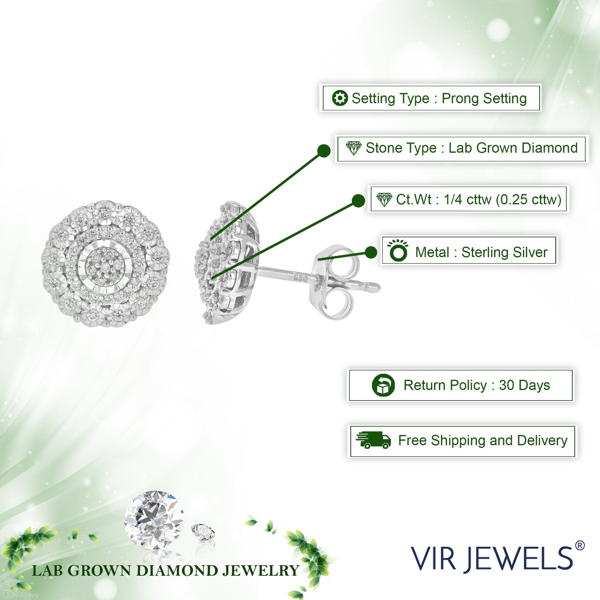 1/4 cttw Round Lab Grown Diamond Stud Earrings Prong Settings Made with .925 Sterling Silver