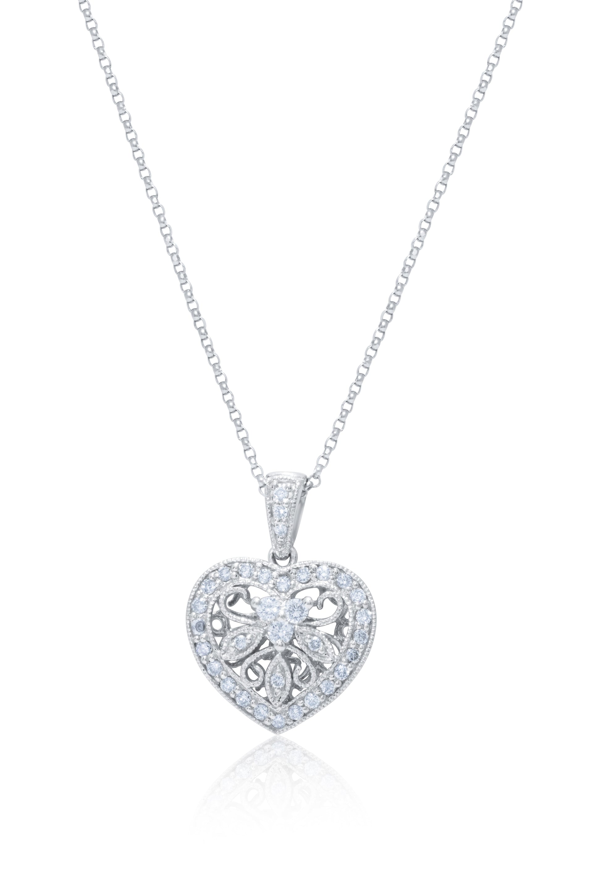14kt white gold diamond pendant with a filigree heart design adorned with 0.60 cts tw diamonds