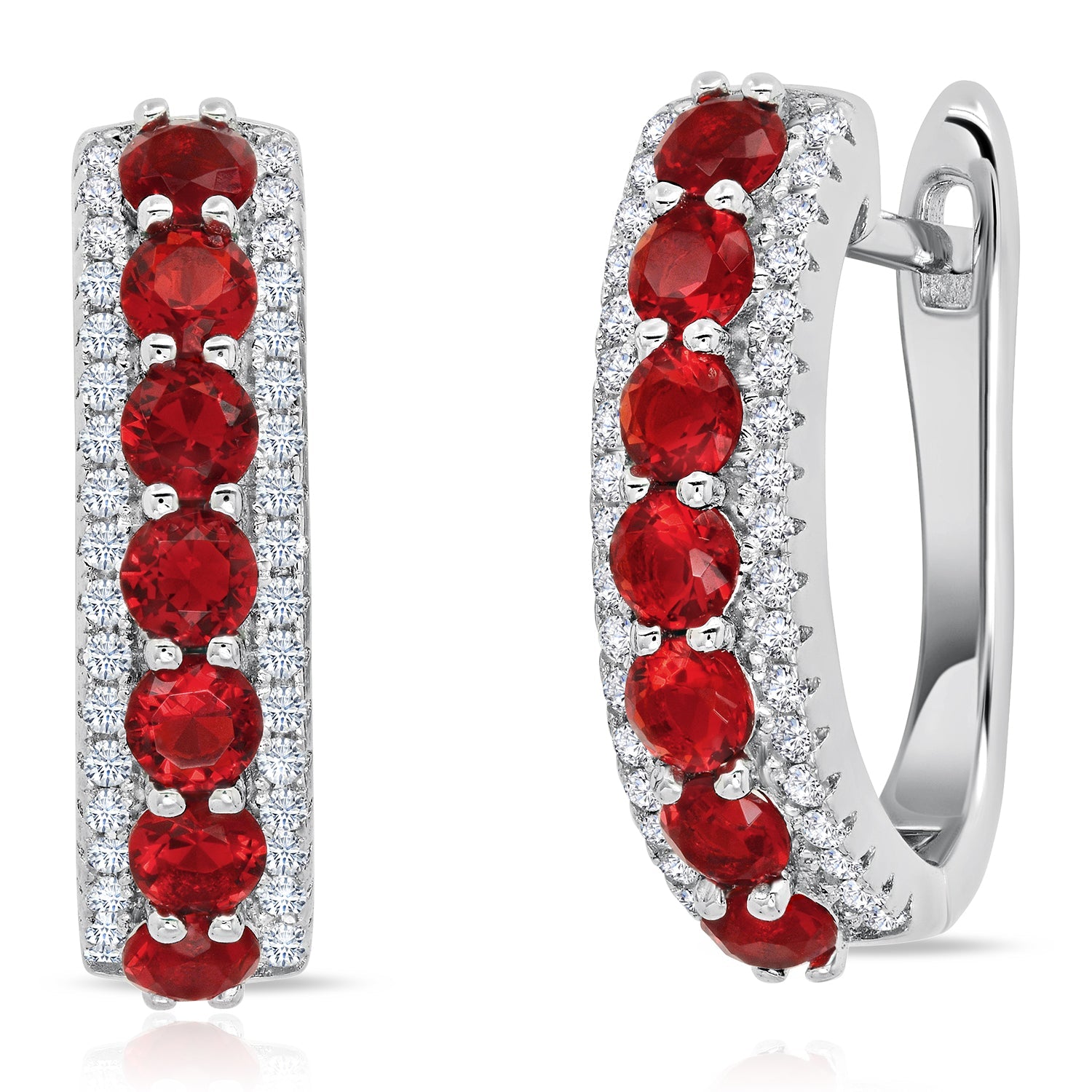 925 Sterling Silver Simulated Ruby Round Hoop Earrings, 0.75 inches
