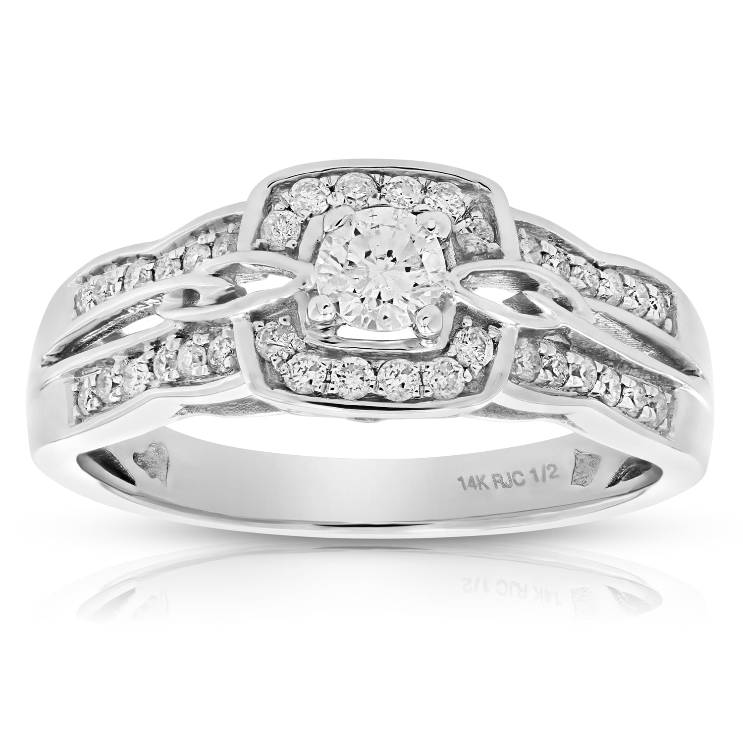 1/2 cttw Diamond Engagement Ring 14K White Gold Cushion Shape Halo Bridal Ring