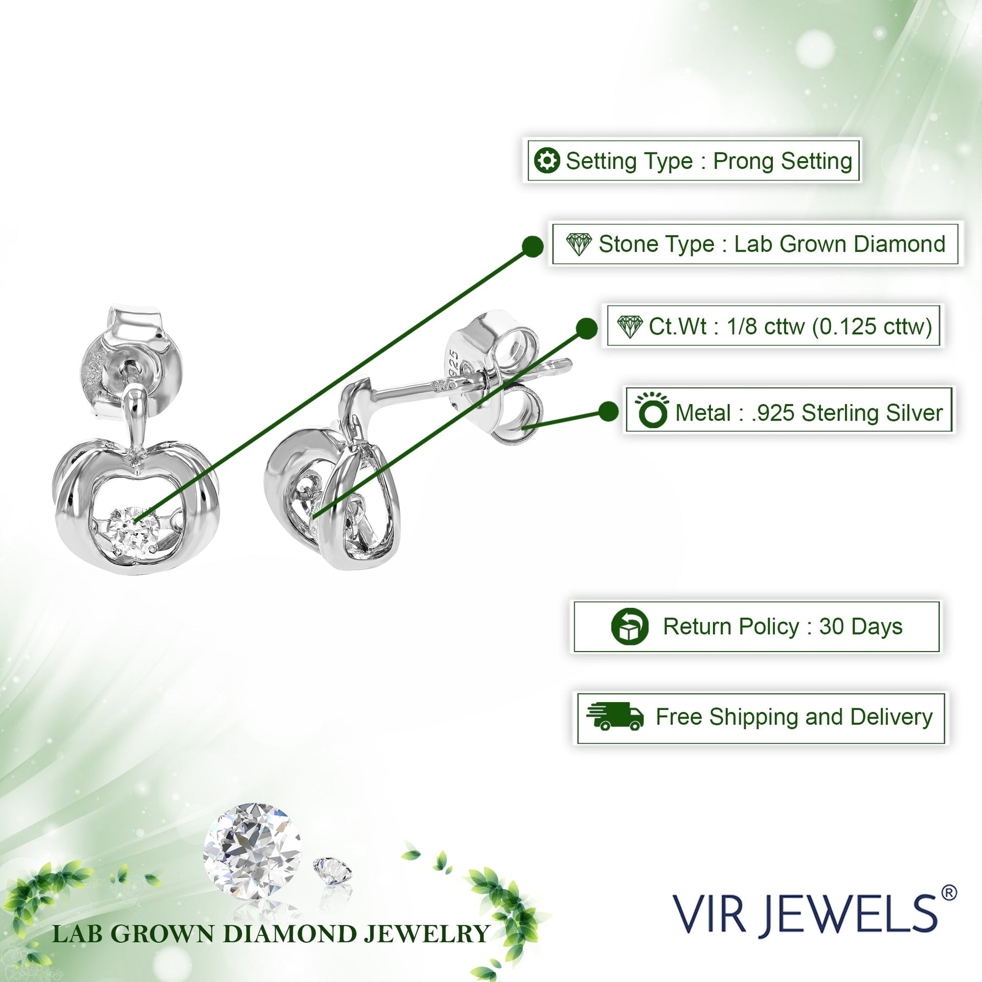 1/8 cttw Round Lab Grown Diamond Dangle Earrings .925 Sterling Silver Prong Set 2/5 Inch
