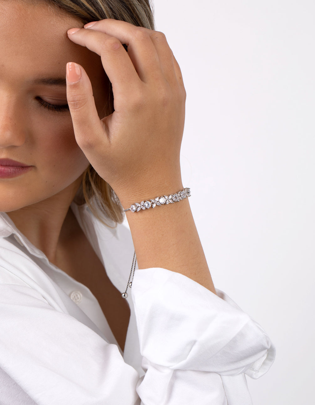 Rhodium Cubic Zirconia Navette Flower Toggle Bracelet