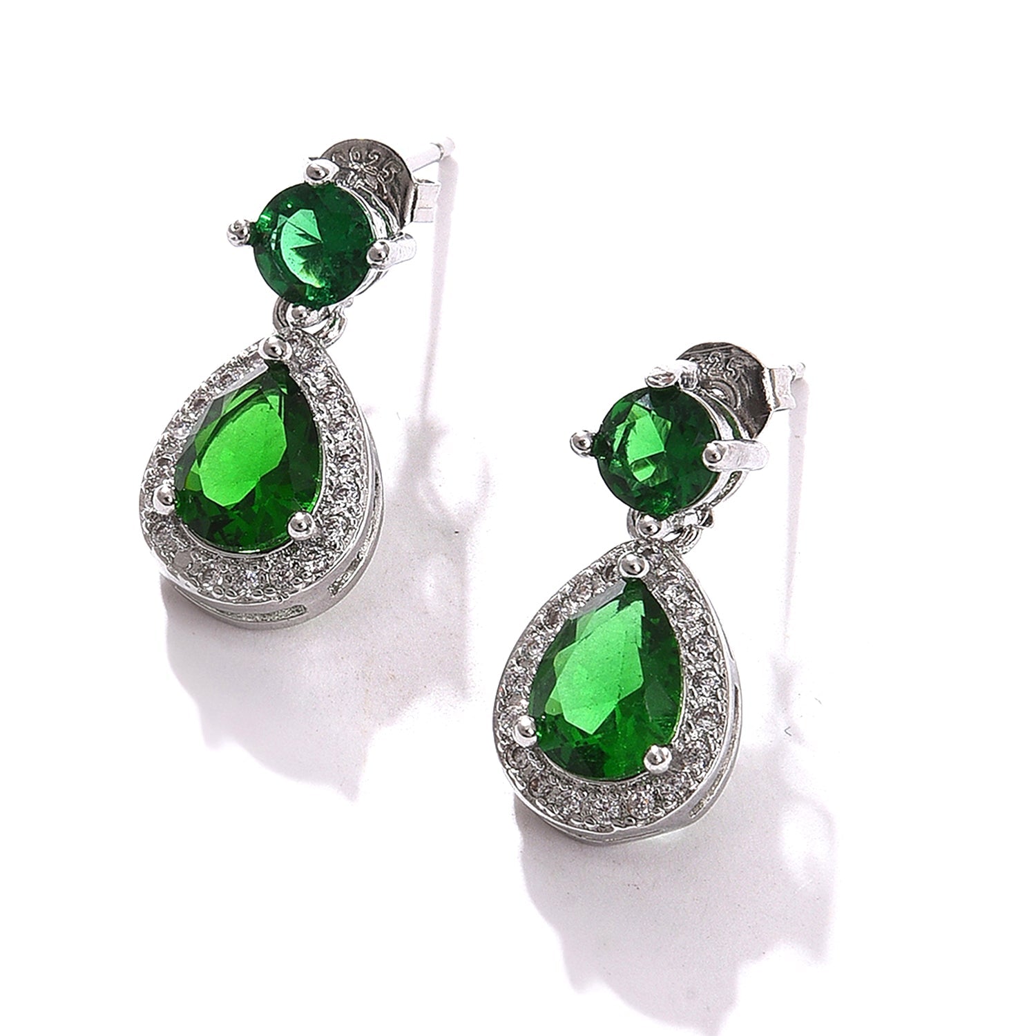 Green Color Pack Of 2 Silver Plated American Diamond Drop Earring For Women's