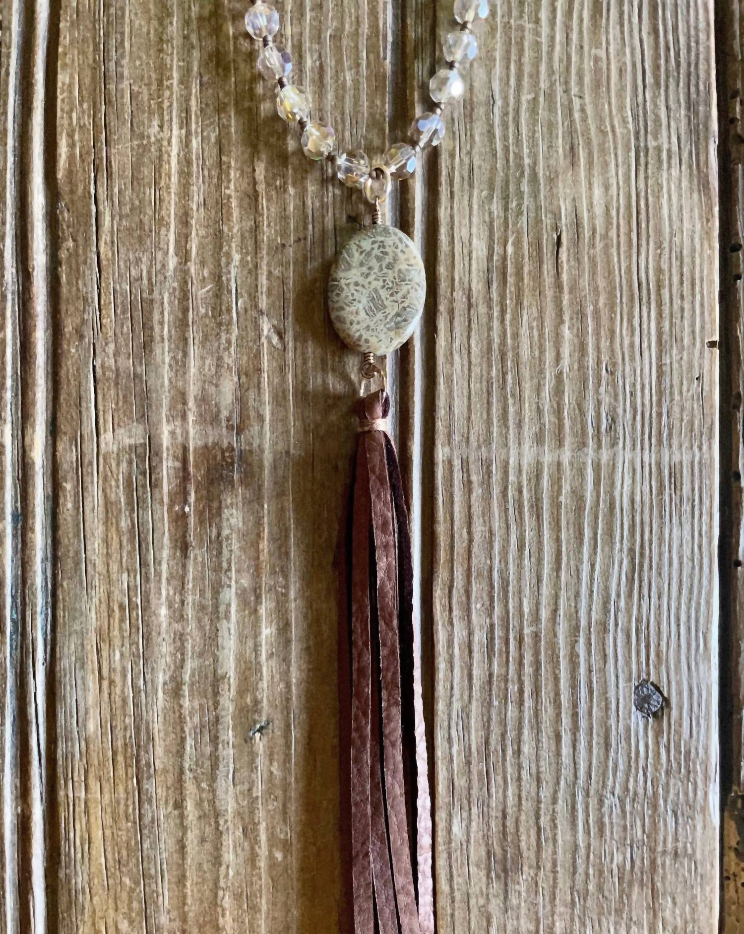 Golden Crystal Necklace With Snake Skin Agate In Dark Chocolate