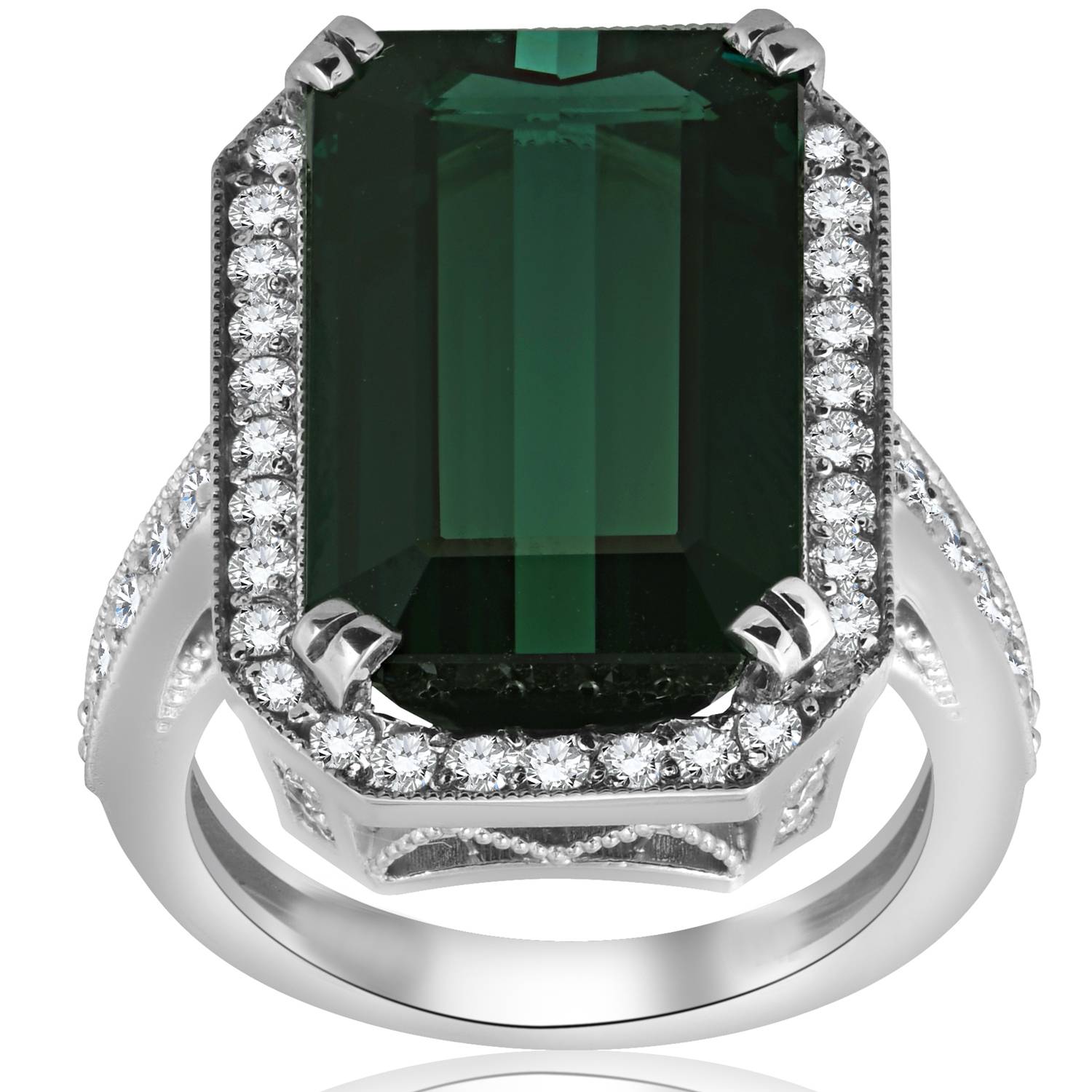 11 1/4ct Vintage Tourmaline Pave VVS Diamond Engagement Ring 18K White Gold Size 6