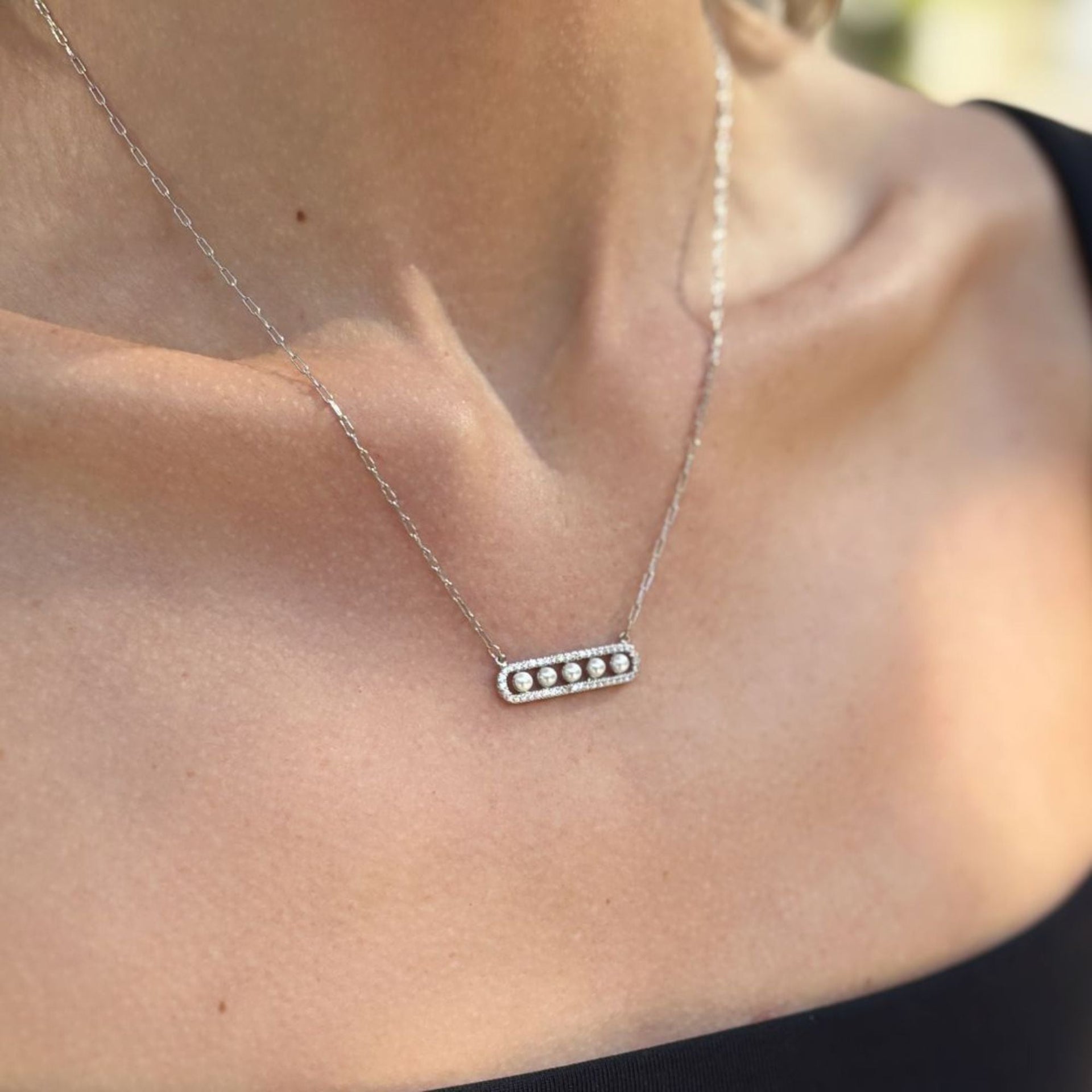 Silver Plated Pearl Pave Bar Necklace