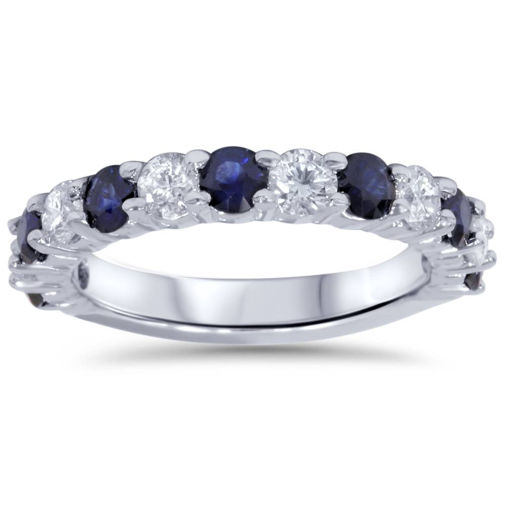 2 CT Diamond & Blue Sapphire Wedding Ring 14K White Gold