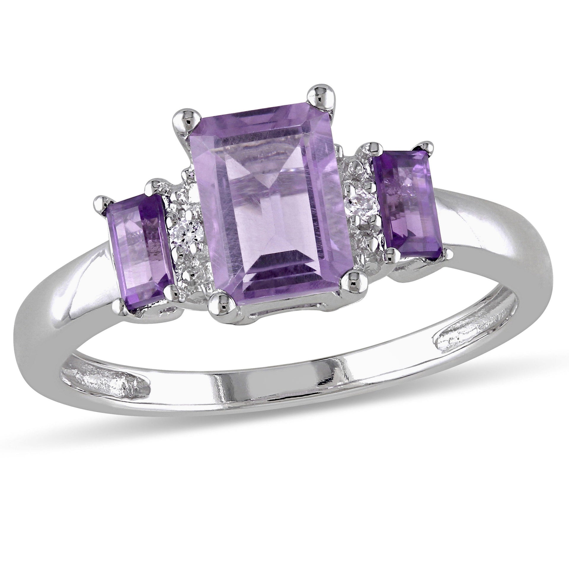 Amethyst 3-Stone Ring with Diamonds in 10k White Gold
