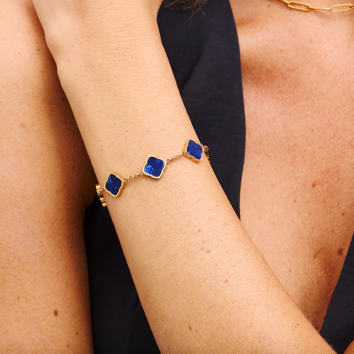 Blue Lace Agate Multi Clover Bracelet (Gold)