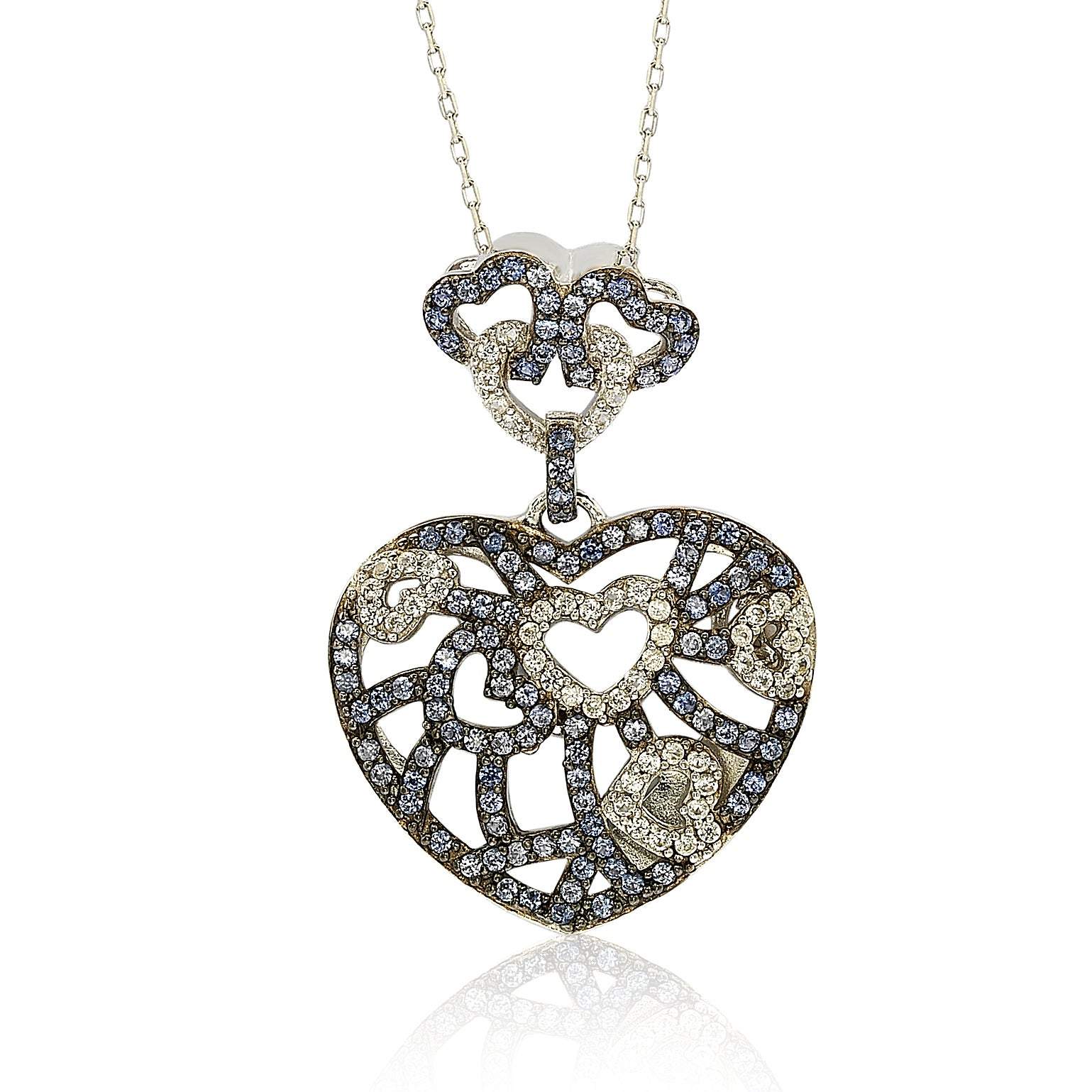 Suzy Levian Sterling Silver Blue & White Sapphire & Brown Diamond Accent Clustered Heart Pendant