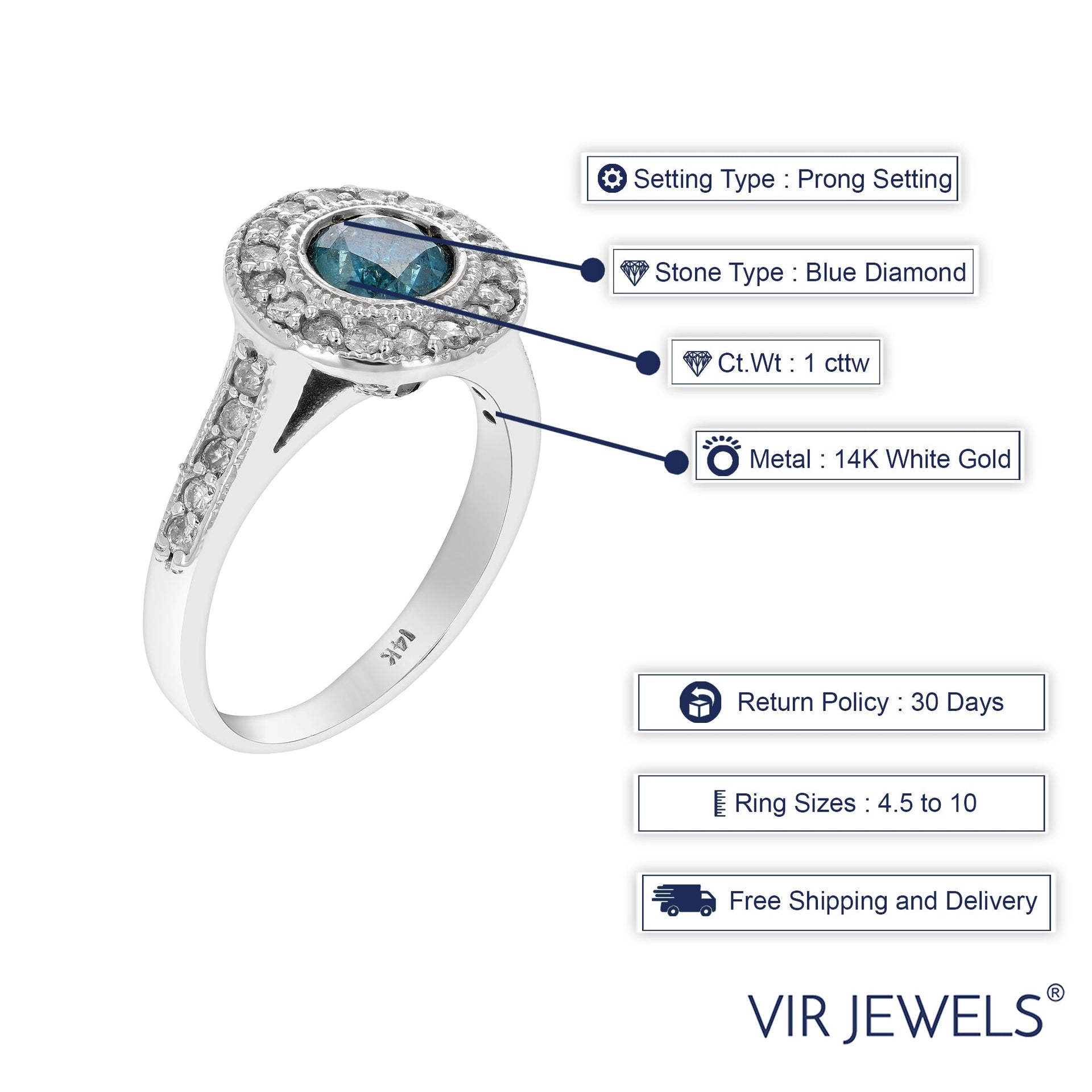 1 cttw Blue Diamond Engagement Ring 14K White Gold Halo Style Round Prong