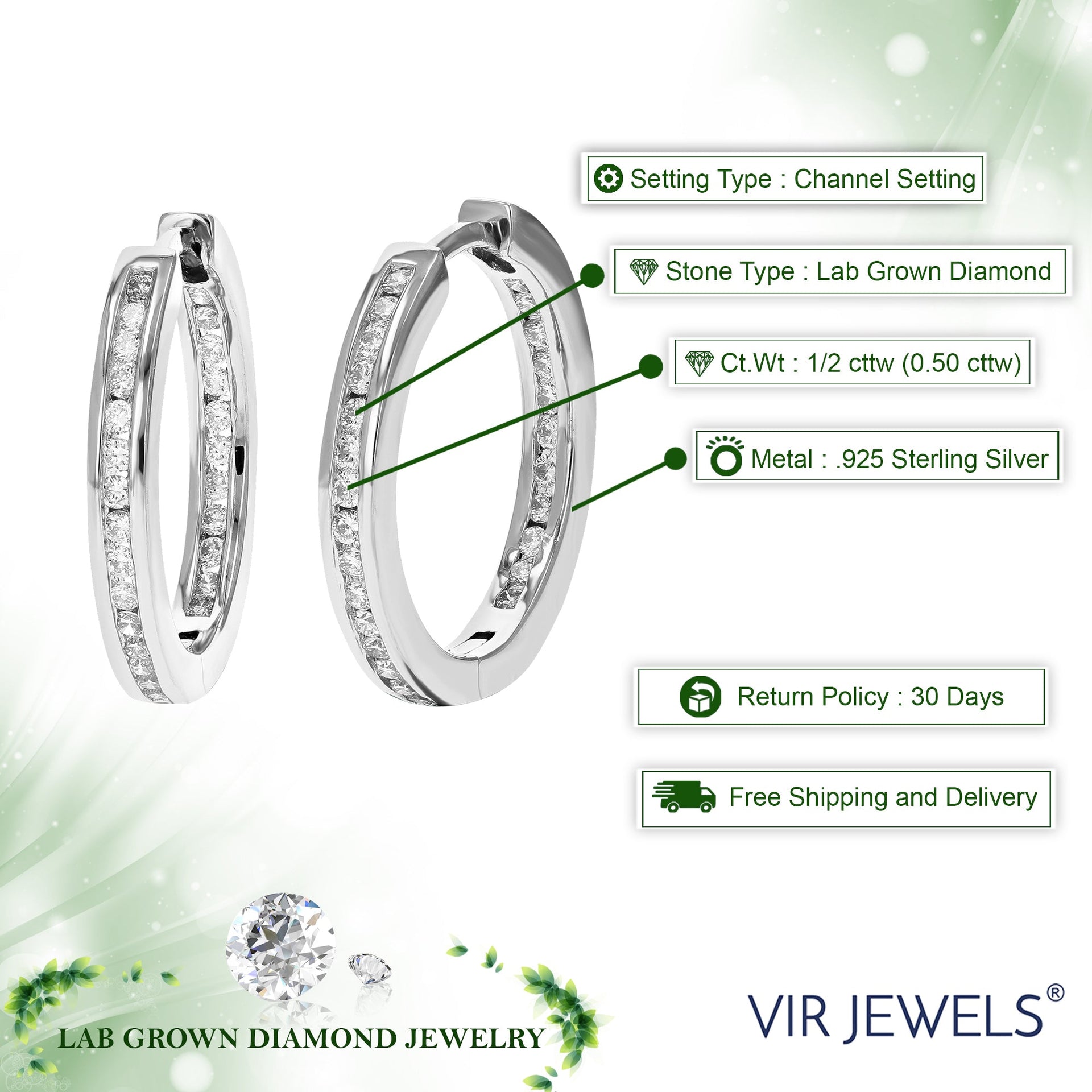 1/2 cttw Round Lab Grown Diamond Hoop Earrings Beautiful Channel Setting on .925 Sterling Silver 3/4 Inch