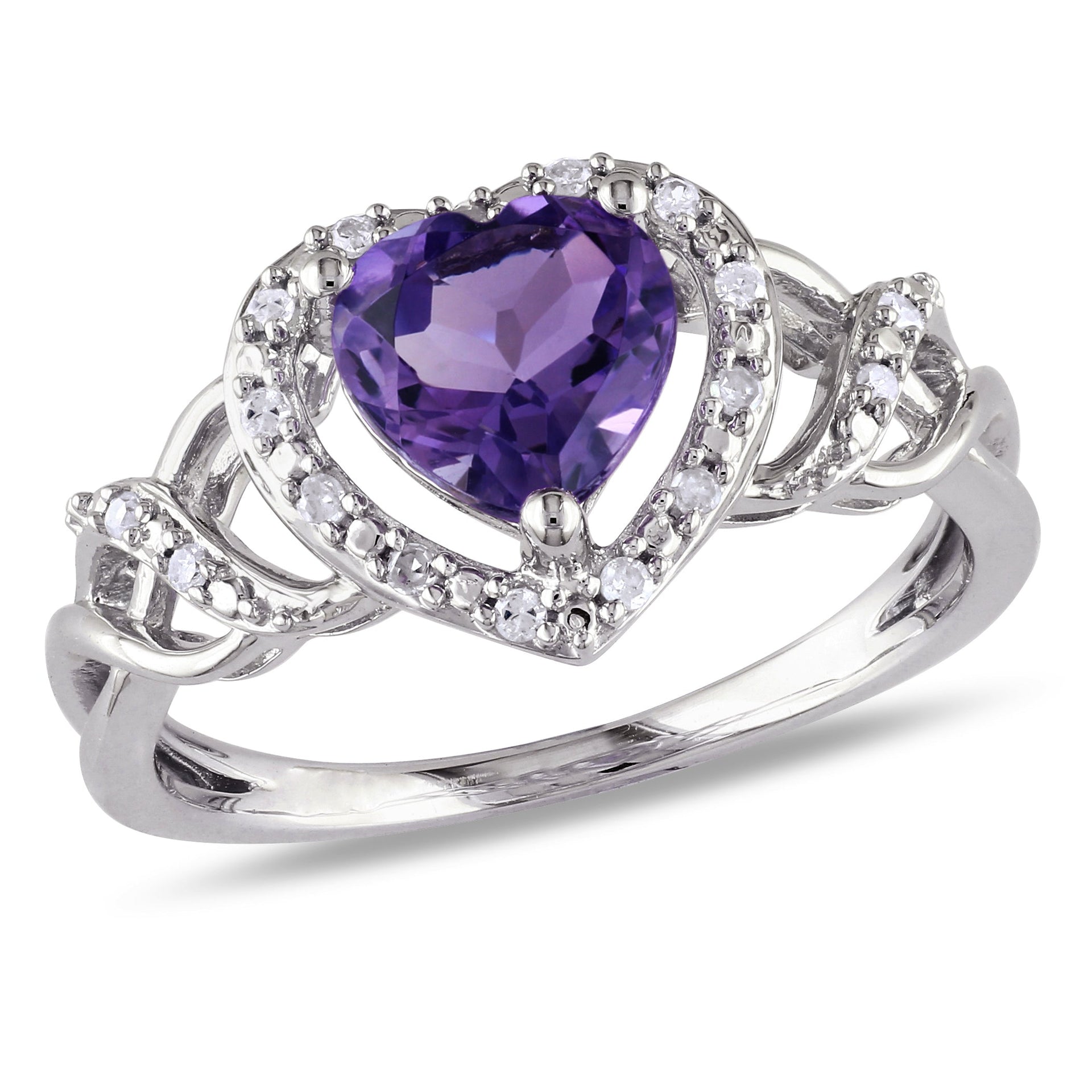 1/10ct TW Diamond and Amethyst Open Heart Crossover Ring in Sterling Silver