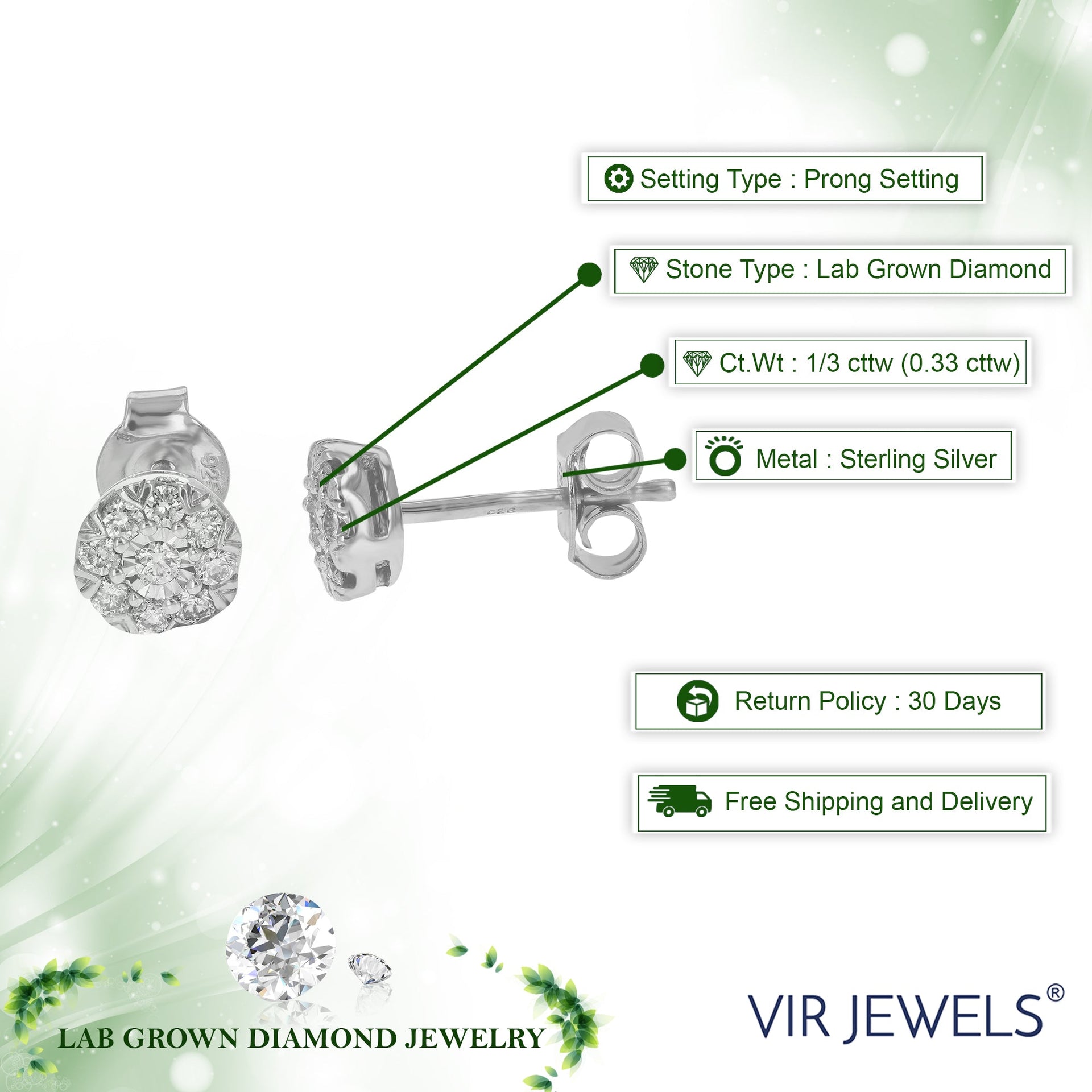1/3 cttw Round Cut Lab Grown Diamonds Stud Earrings .925 Sterling Silver Round Studs Prong Set