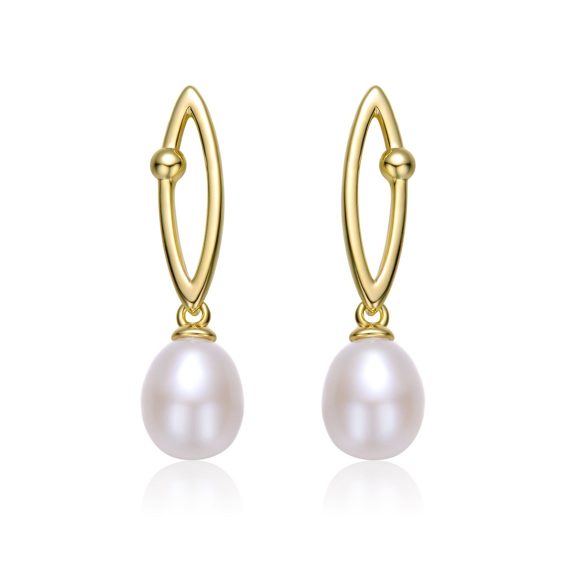 Sterling Silver 14k Yellow Gold Plated with White Pearl Linear Dangle Drop Cable Chain Earrings