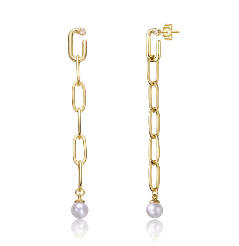 Sterling Silver 14K Gold Plated With Genuine Freshwater Pearl & Cubic Zirconia Drop Butterfly Earrings