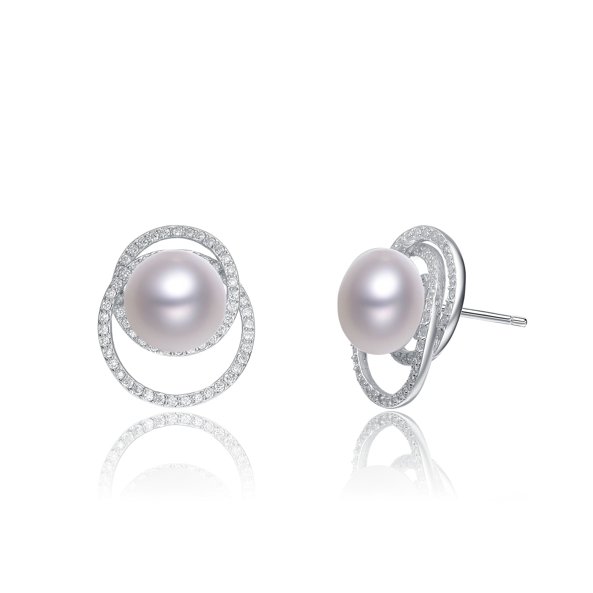 Cubic Zirconia Sterling Silver Rhodium Plated Round Pearl Earrings
