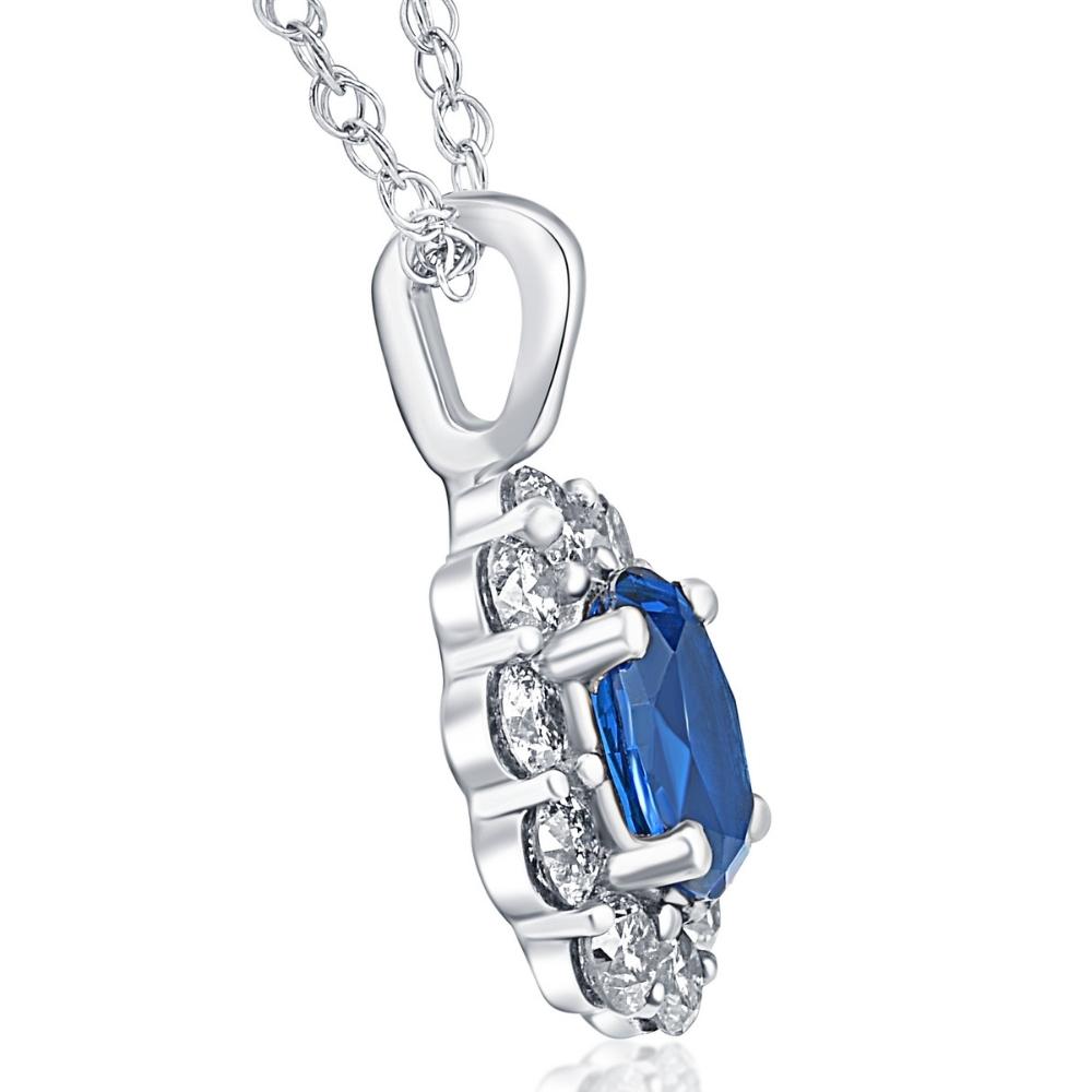 2 ct Oval Created Blue Sapphire & Genuine Diamond Halo Pendant 14K White Gold