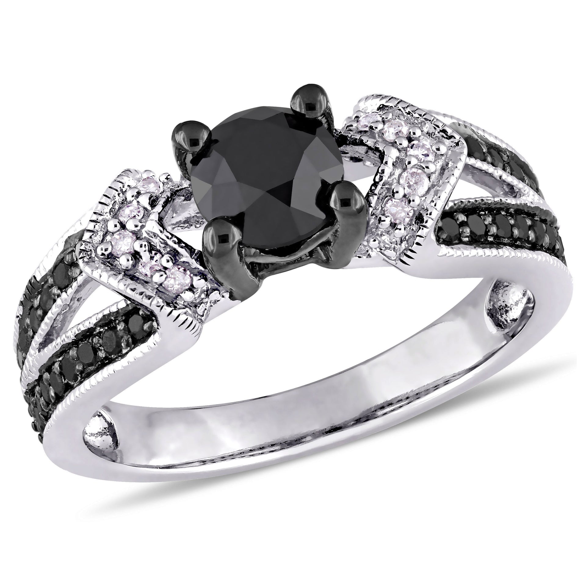 1ct TW Black and White Diamond Split Shank Engagement Ring in Sterling Silver with Black Rhodium