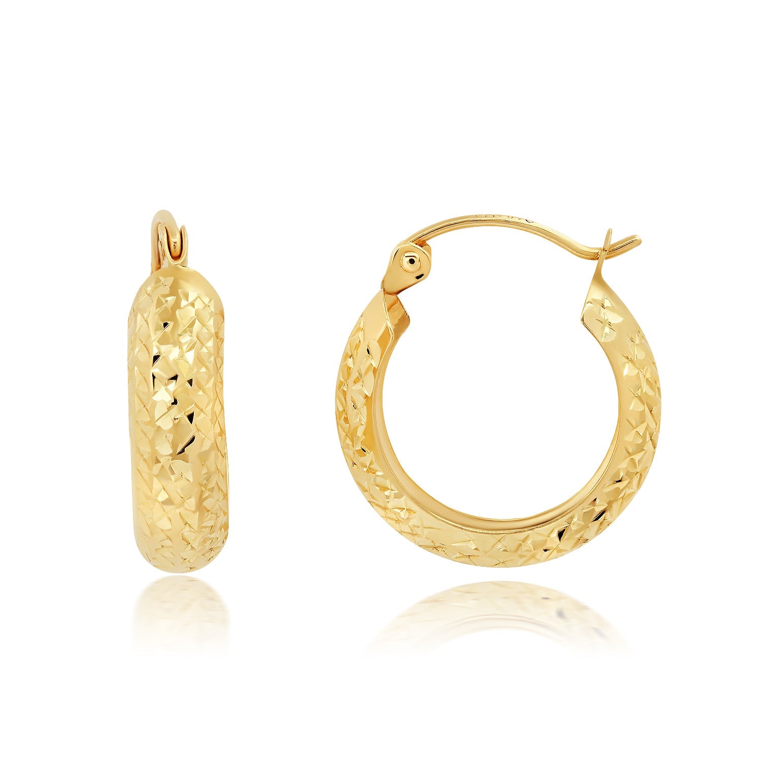 Solid 14K Yellow Gold 18MM Diamond Cut Hoop Earrings with Click-top Closure