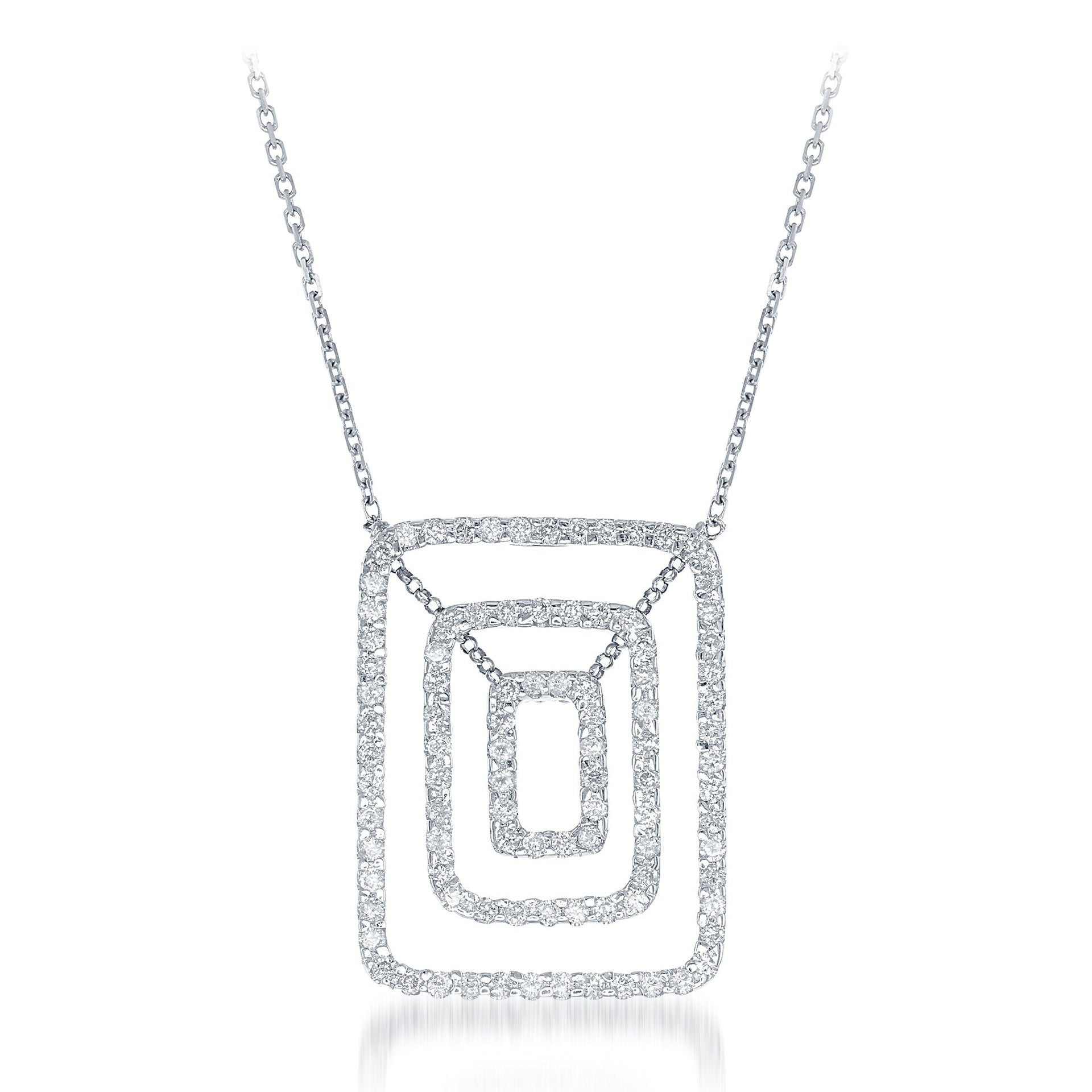 14kt white gold 3 row rectangular diamond pendant featuring 2.00 cts of round diamonds