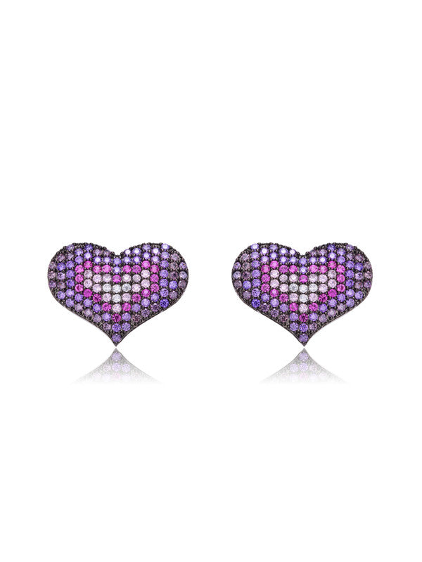Sterling Silver Two-Tone with Multi Colored Cubic Zirconia Heart Stud Earrings